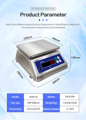 15 kg S5 Waterdicht tafel met dubbel scherm van roestvrij staal Elektronische weegschaal voor -10 C-40 C